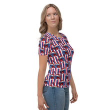 Load image into Gallery viewer, Red White &amp; Blue Flowers with Vertical Stripes - Women&#39;s T-shirt